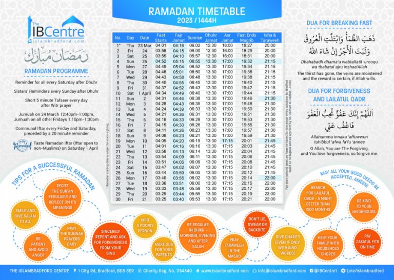 Ramadan Timetable 2023 Islam Bradford