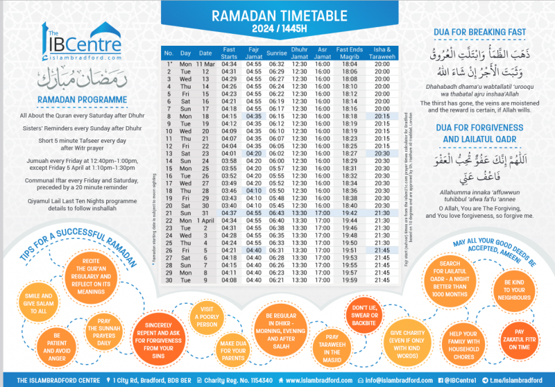 Ramadan Timetable 2024/1445H Islam Bradford
